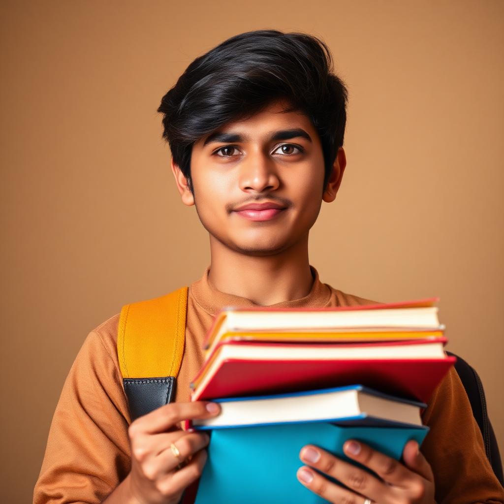 A young man holding a stack of books