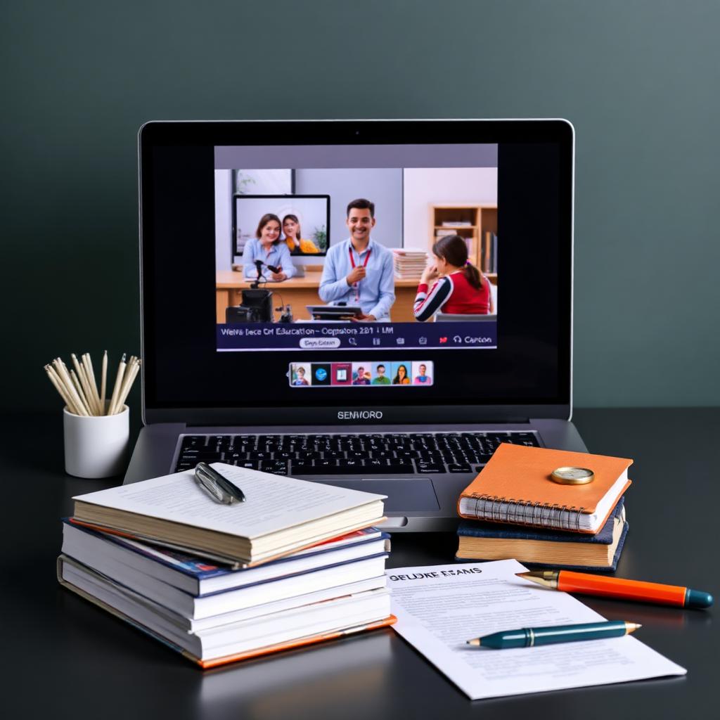 A laptop showing an online class next to a stack of books and study notes