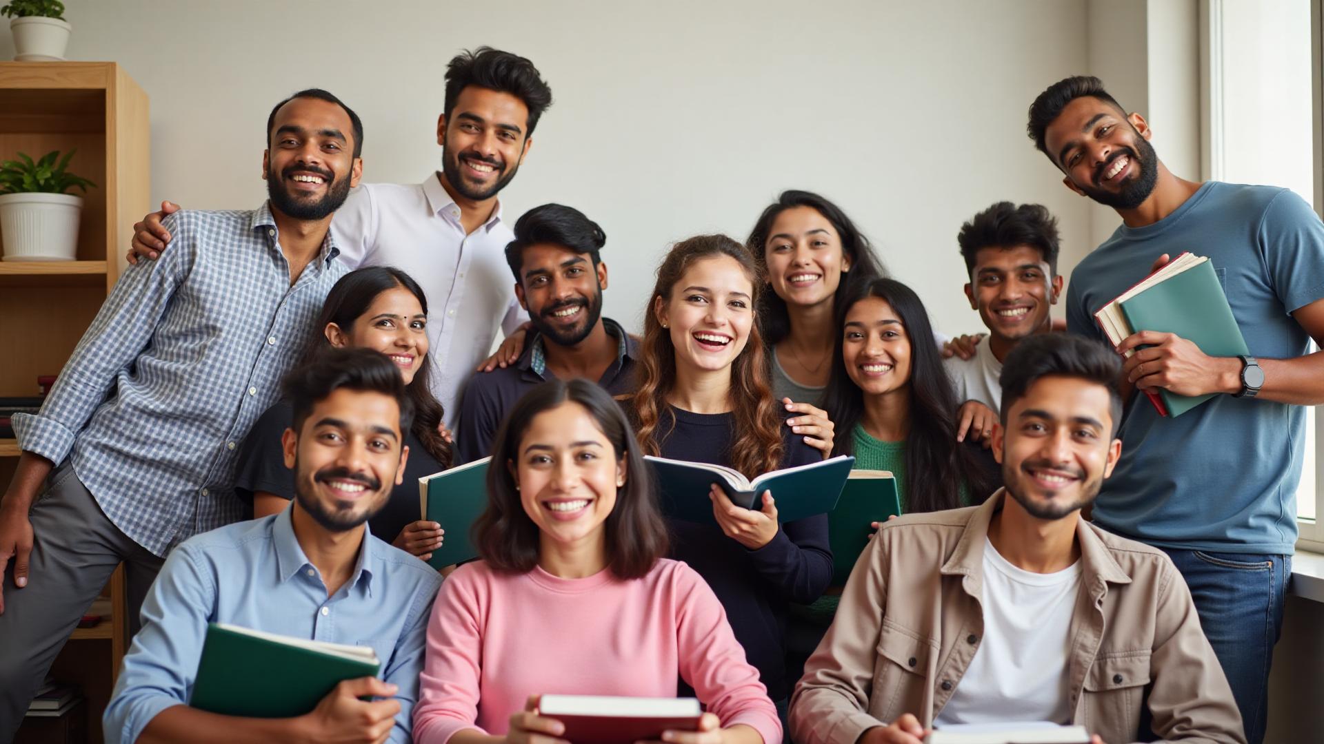 A group of happy and smiling students studying together