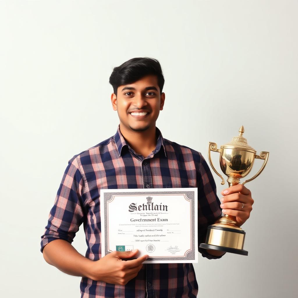 A successful student holding a certificate and a trophy