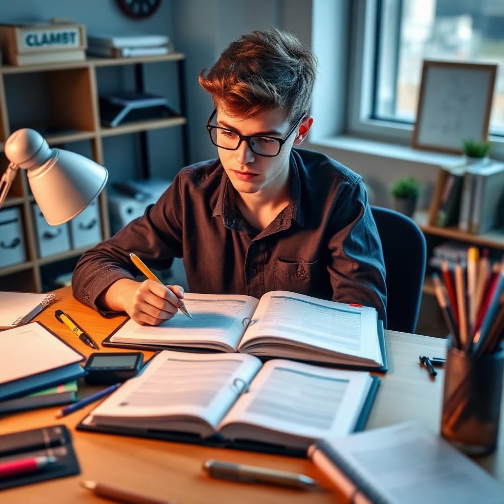 A young man studying diligently at a desk